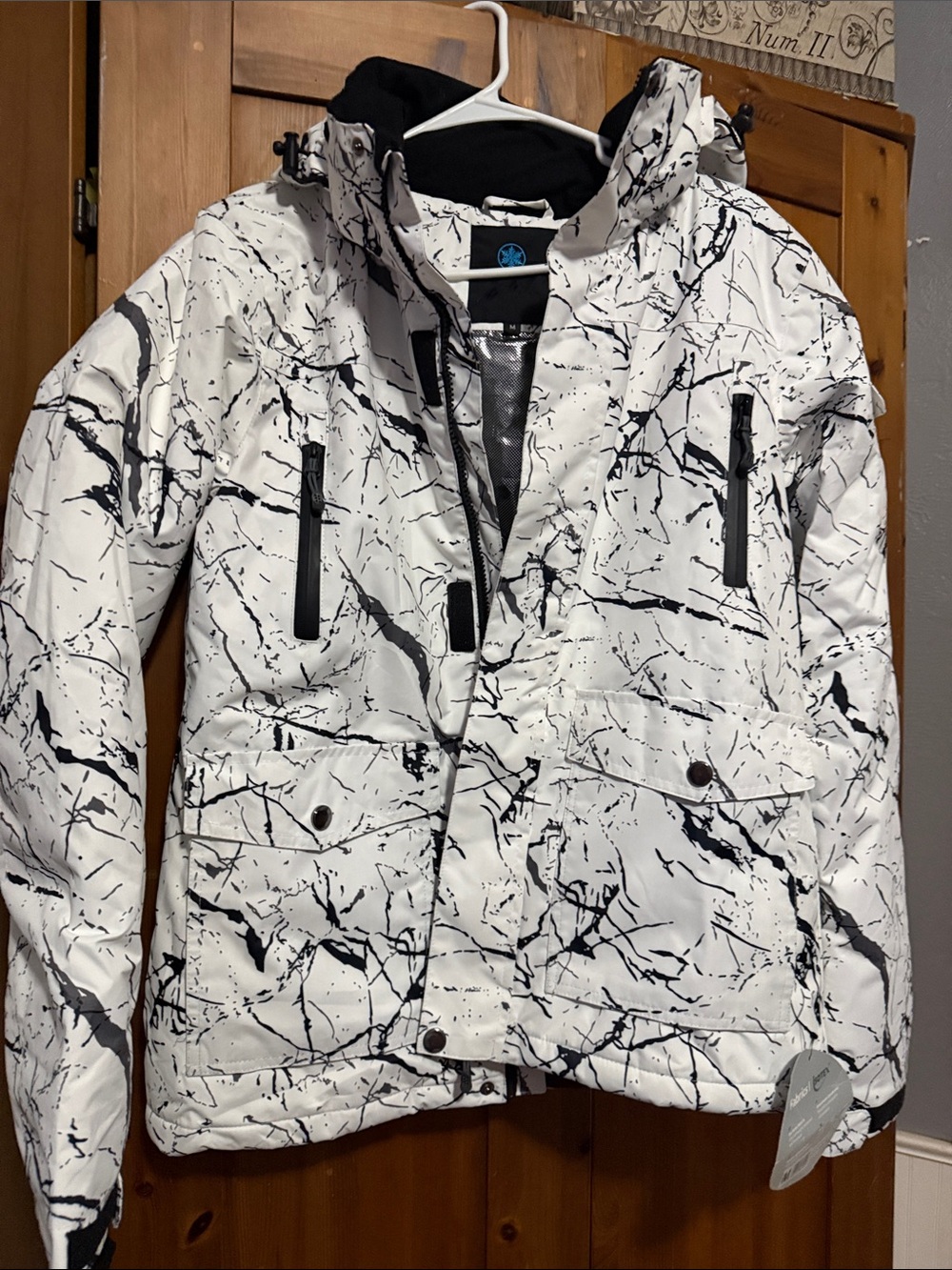 Wonens White Marble-Print Waterproof Ski Jacket with Hood